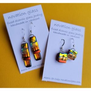 Two Pair Fused Dichroic Glass Earrings Sterling Silver French Hooks Handmade